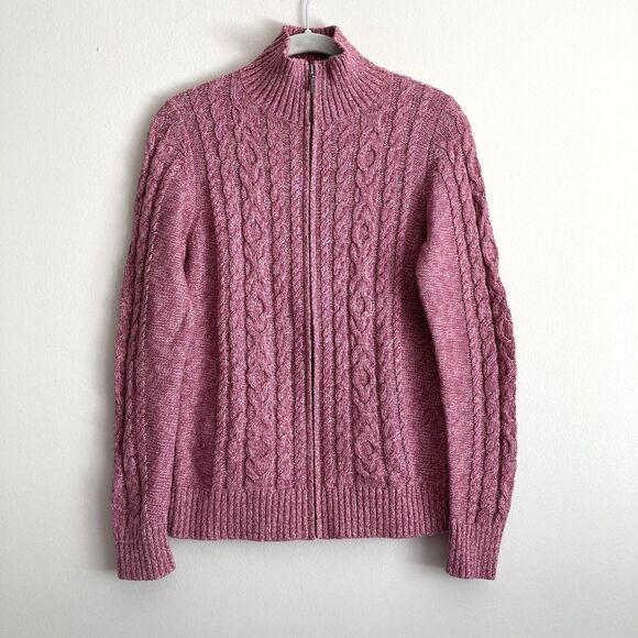 L.L. Bean Pink Full Zip 100% Cotton Cable Knit Fisherman's Cardigan Womens XS - Picture 1 of 9